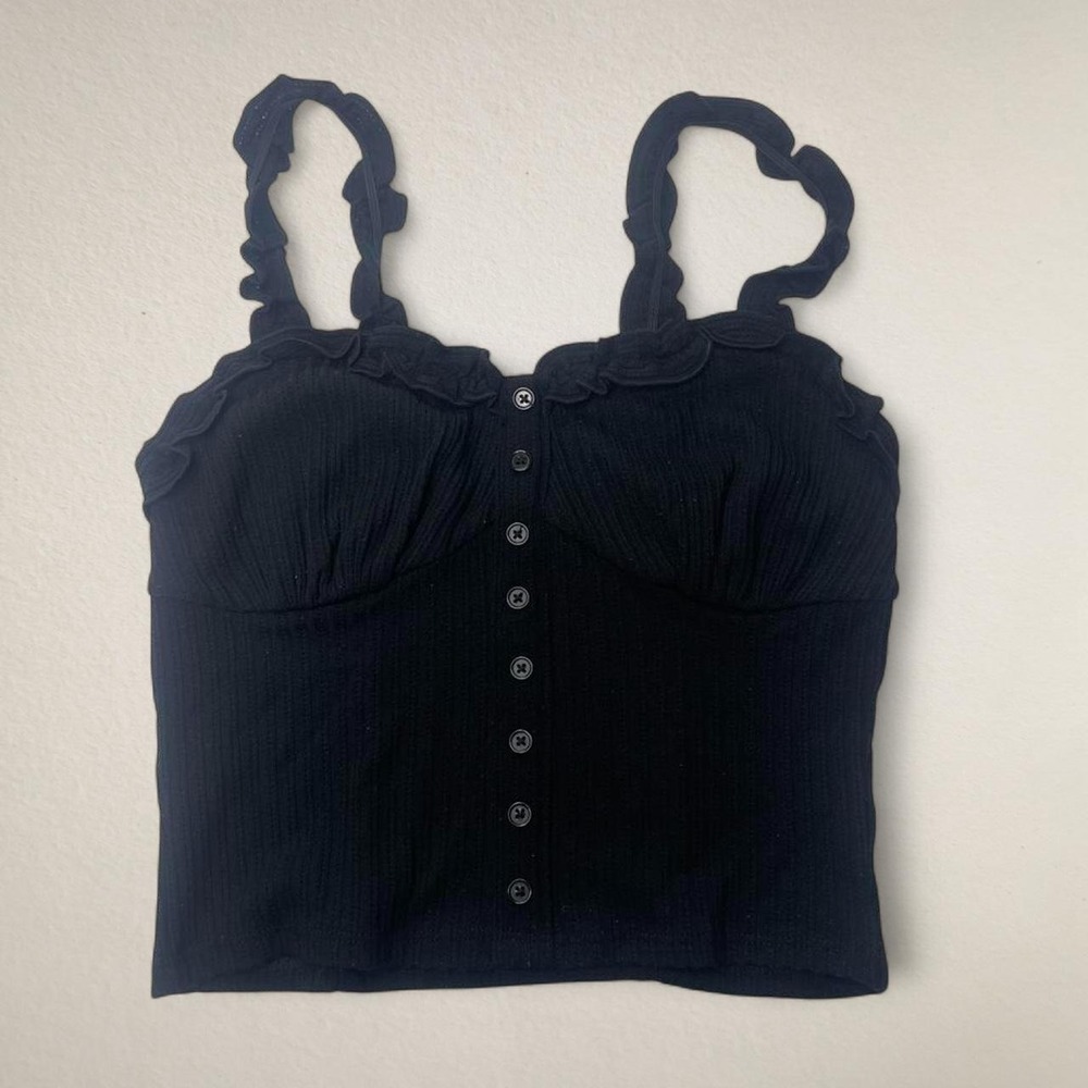 Forever 21 Black Ribbed Ruffle Button Front Crop Top - Picture 3 of 7